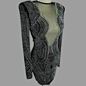 NWT SEXY black embellished midi length sheer cocktail party dress size s/m.